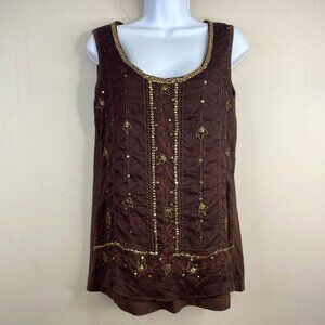 Vintage Womens Boho Tank Top Size 12 Brown Festival Night Out Party Weekend